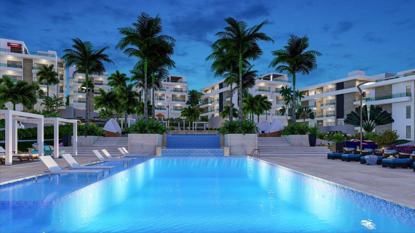 Architectural rendering of the illuminated swimming pool, tropical landscaping and condominium buildings at Connections Cabarete, Dominican Republic.